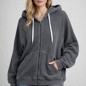 Aerie Hoodie Womens M Gray Waffle Knit Full Zip Thermal Ribbed Oversized Lounge